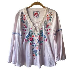 Johnny Was Long Bell Sleeve Embroidered Peasant Blouse Light Blush XS
